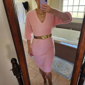Annie Rose womens small bubblegum baby pink knit V-neck sweater dress 80s 90s